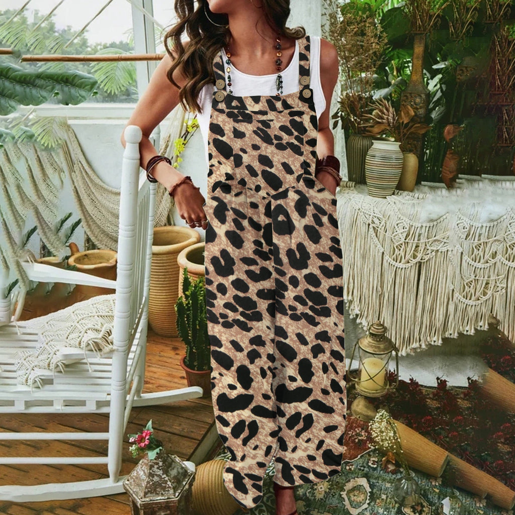 Women's Casual Jumpsuit with Leopard Print and Pockets