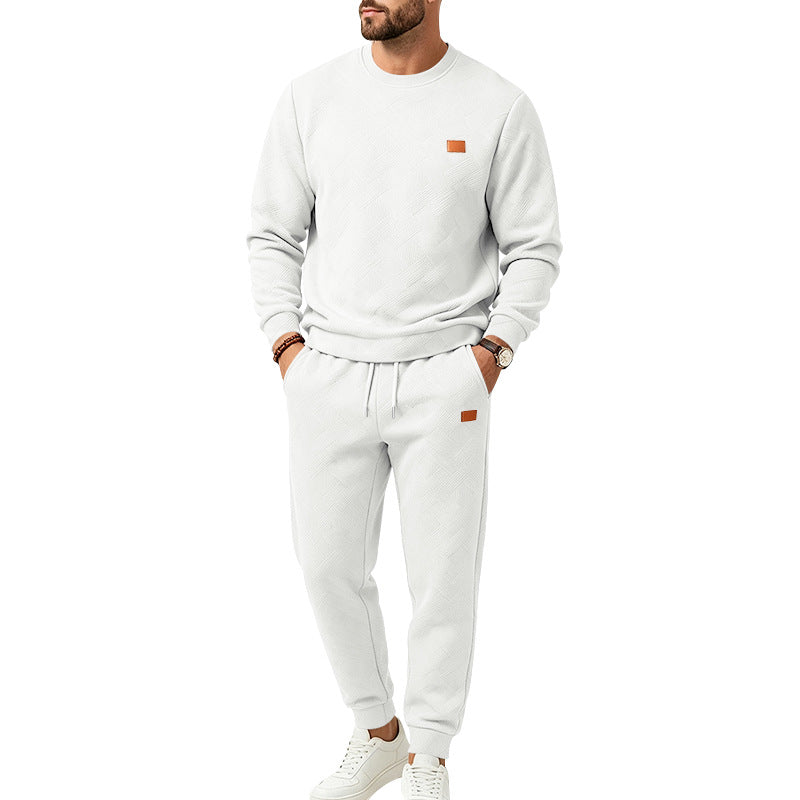 Men's leisure jogging suit made of textured fleece with round neckline and drawstring waistband