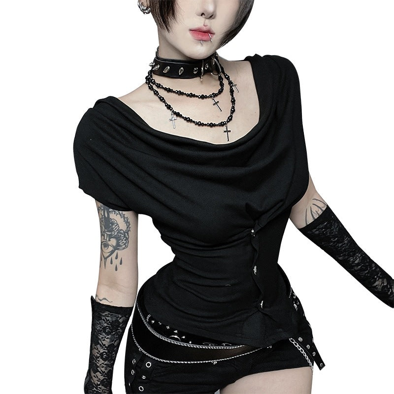 Women's Fitted Draped Shirt with Button Detail and Asymmetric Hem