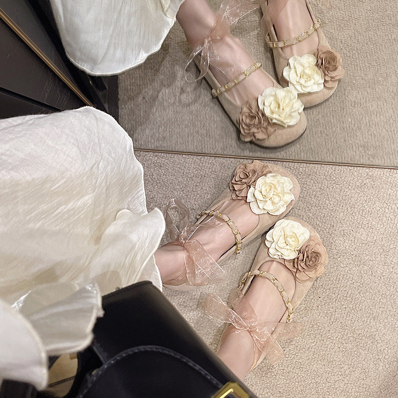 Women's Ballet Flats with Floral Design and Elegant Strap Decoration