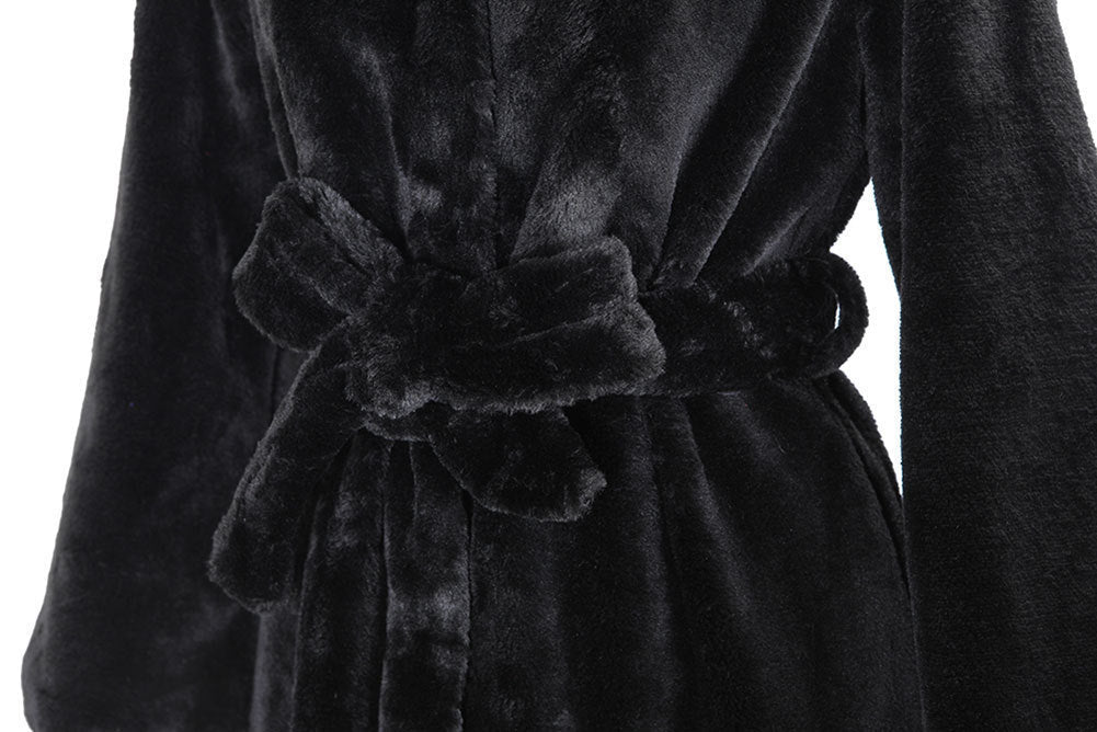 Women's Luxury Faux Fur Coat with Hood and Wide Belt