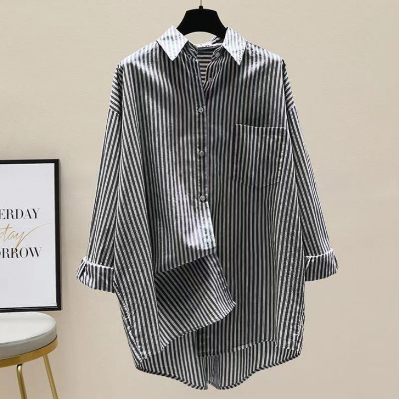 Women's Striped Oversized Shirt with Longer Back and Practical Chest Pocket