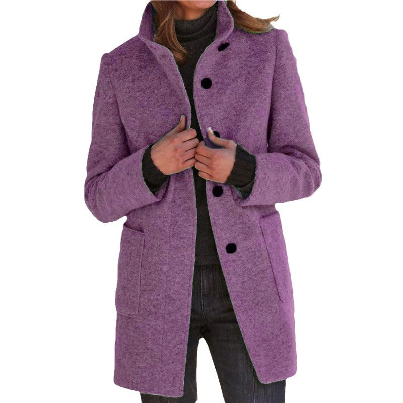 Women's Elegant Wool Jacket with Pockets and Button Closure