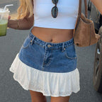 Women's Mini Denim Skirt with Voluminous Ruffled Hem and Fitted Cut