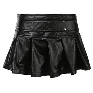 Women's Faux Leather Mini Skirt with Ruffles and Decorative Studs