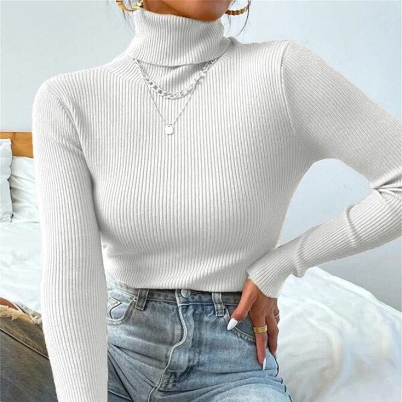 Elegant Women's Turtleneck Sweater with Fine Ribbed Texture