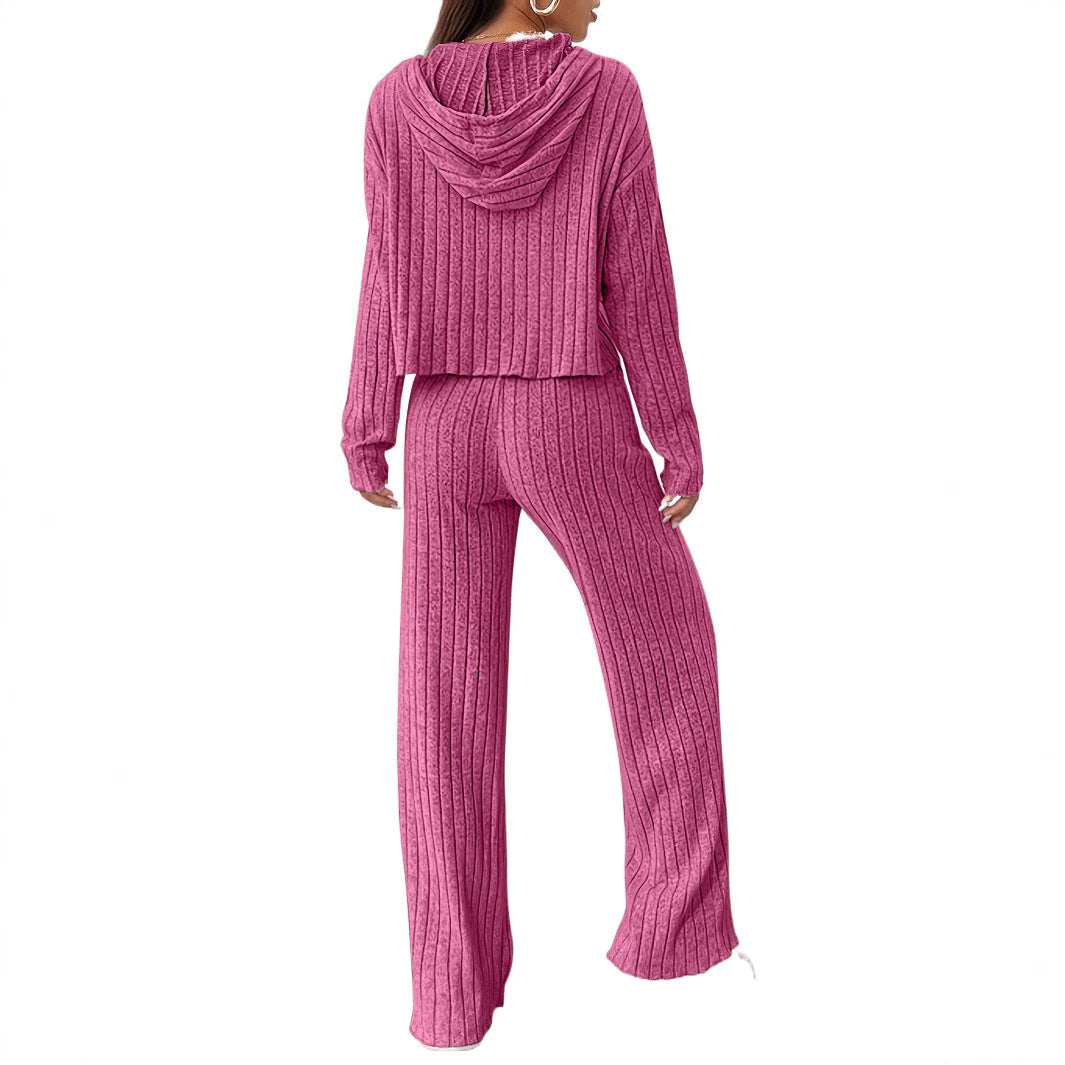 Women's Casual Knit Lounge Set with Hood and Wide Cut