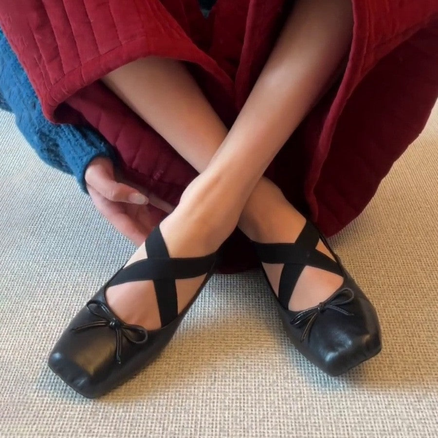 Women's Ballet Flats with Elastic Cross Straps and Decorative Bow Detail