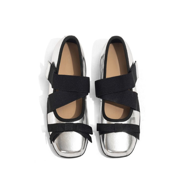Women's Ballet Flats with Elastic Cross Straps and Comfortable Leather Upper
