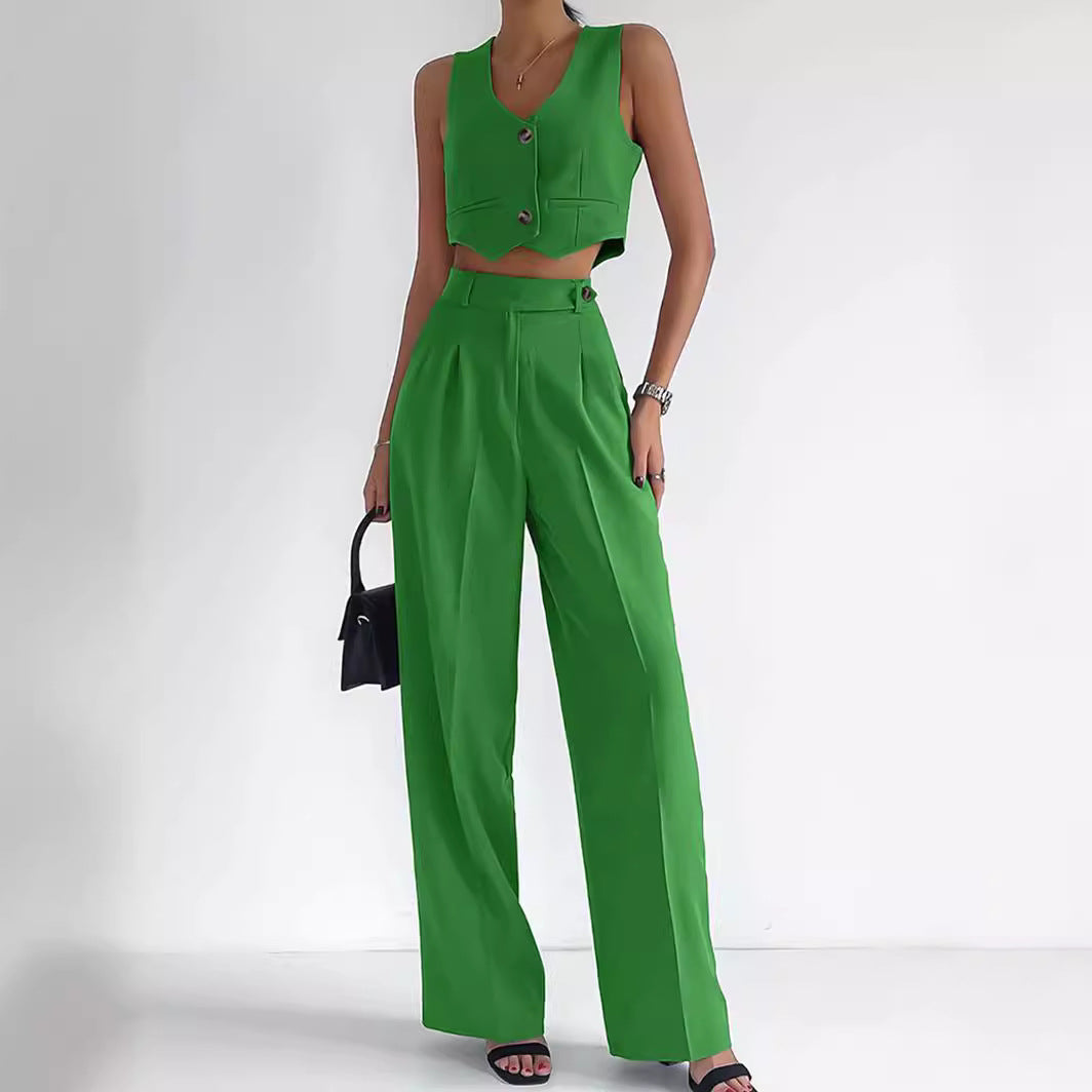 Women's Fashionable Two-Piece Set with Sleeveless Top and Wide-Leg Pants