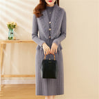 Women's Elegant Knit Set with High-Quality Fur Collar and Ribbed Texture
