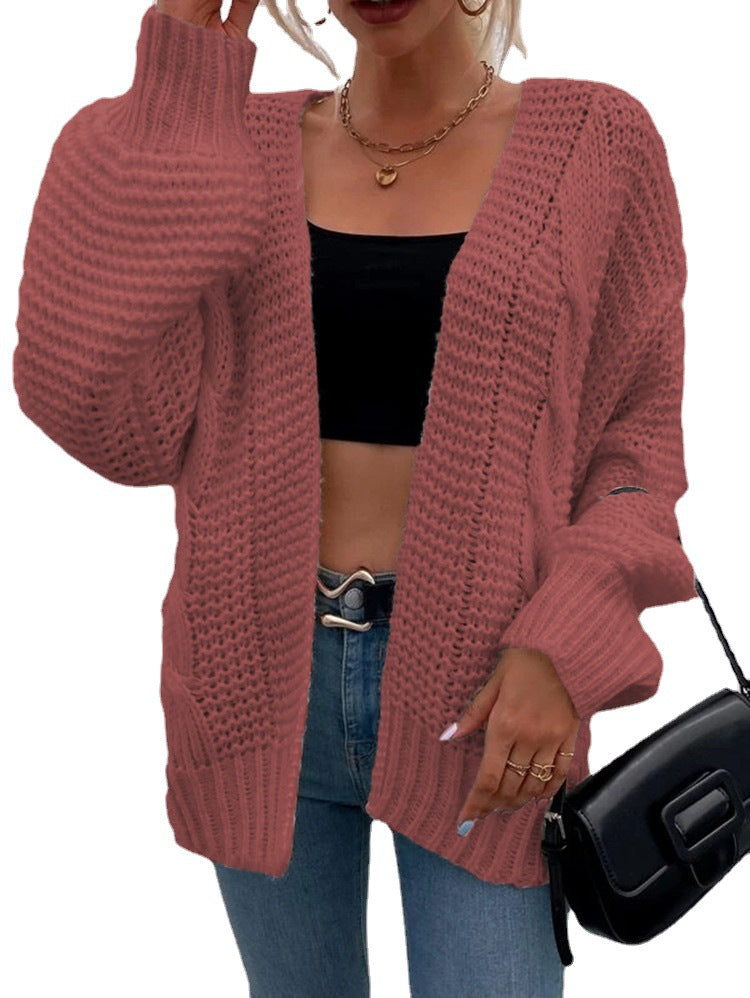 Women's Chunky Knit Cardigan with Open Pockets and Oversized Fit