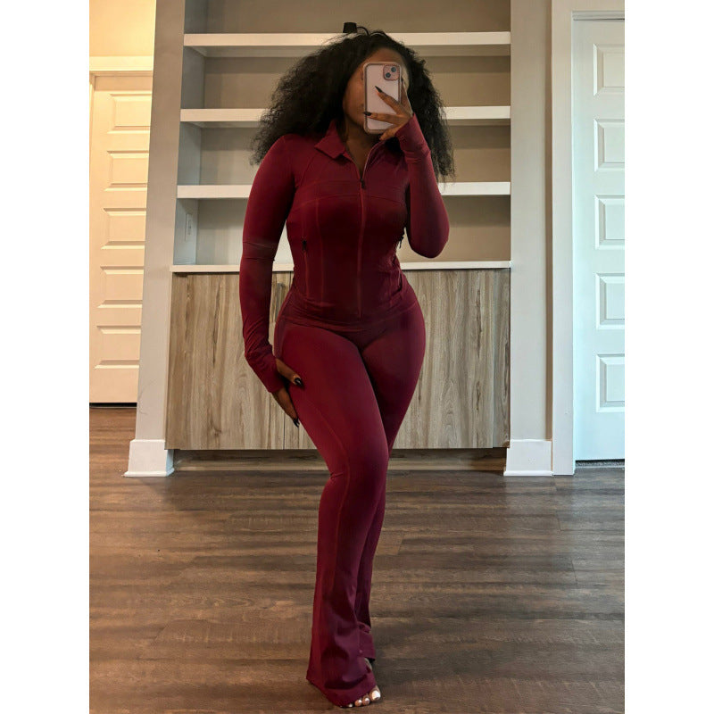 Women's Form-Fitting Jumpsuit with High Collar and Full-Length Zipper