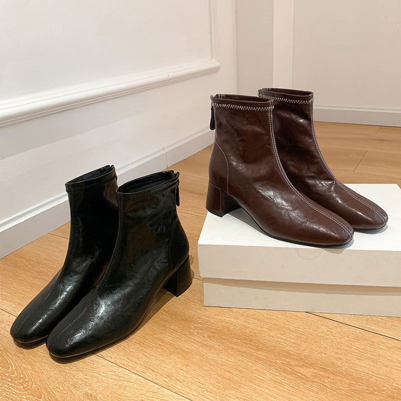 Women's Leather Ankle Boots with Block Heel