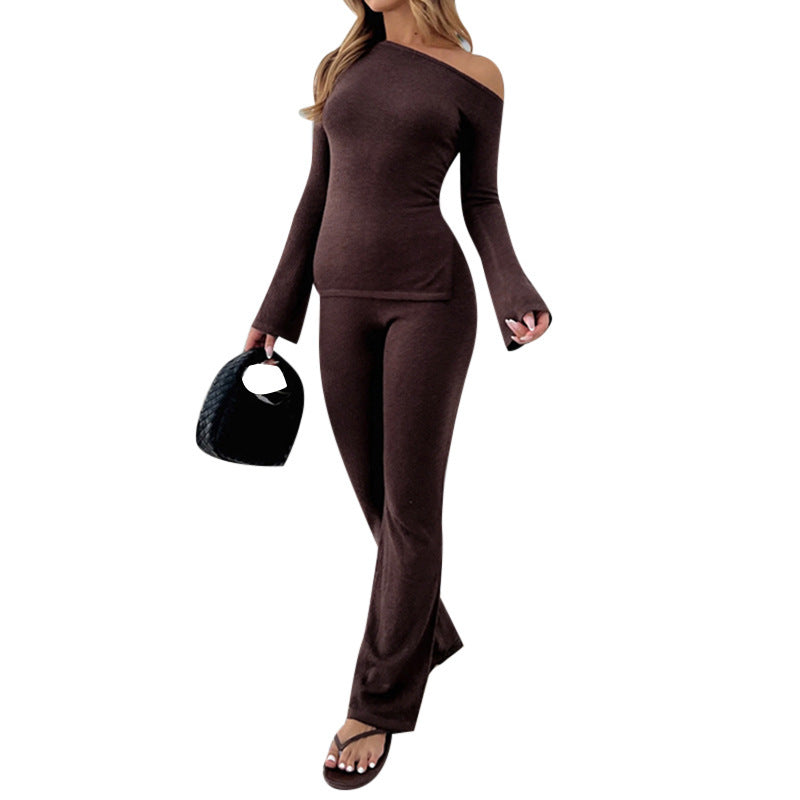 Women's Form-Fitting Off-Shoulder Long Sleeve Shirt with Flared Sleeves