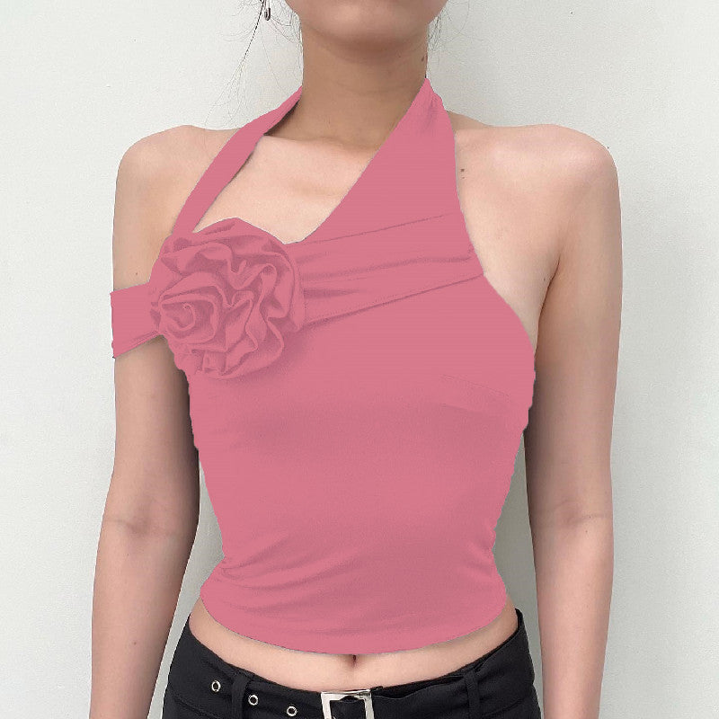 Women's Asymmetrical Top with Floral Appliqué and Adjustable Strap