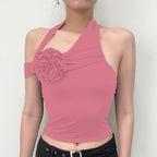 Women's Asymmetrical Top with Floral Appliqué and Adjustable Strap