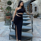Women's Asymmetrical Ruffled Maxi Dress with High Side Slit