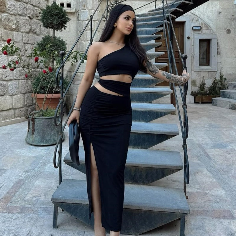 Women's Asymmetrical Ruffled Maxi Dress with High Side Slit