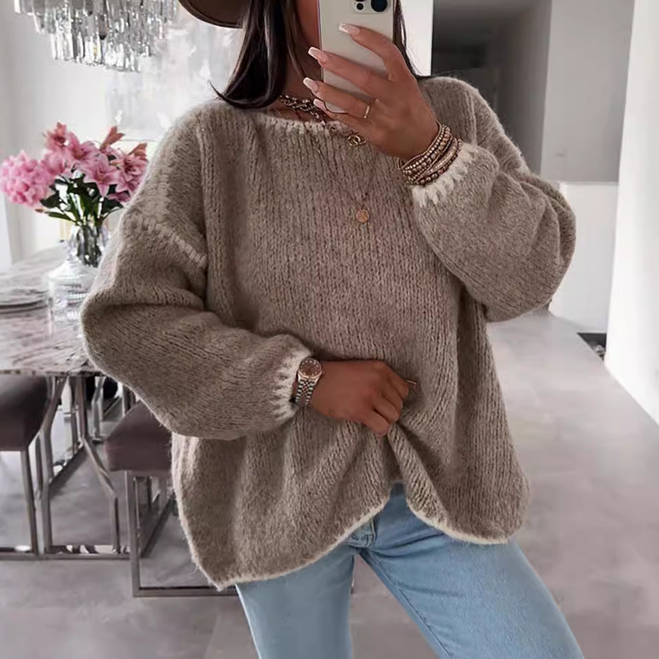 Women's Chunky Knit Sweater with Contrast Trim and Loose Fit