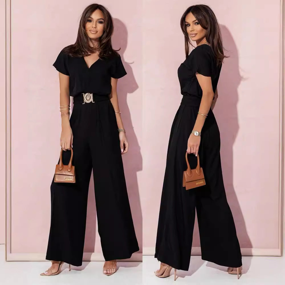 Women's Wide-Leg Jumpsuit with Trendy Belt