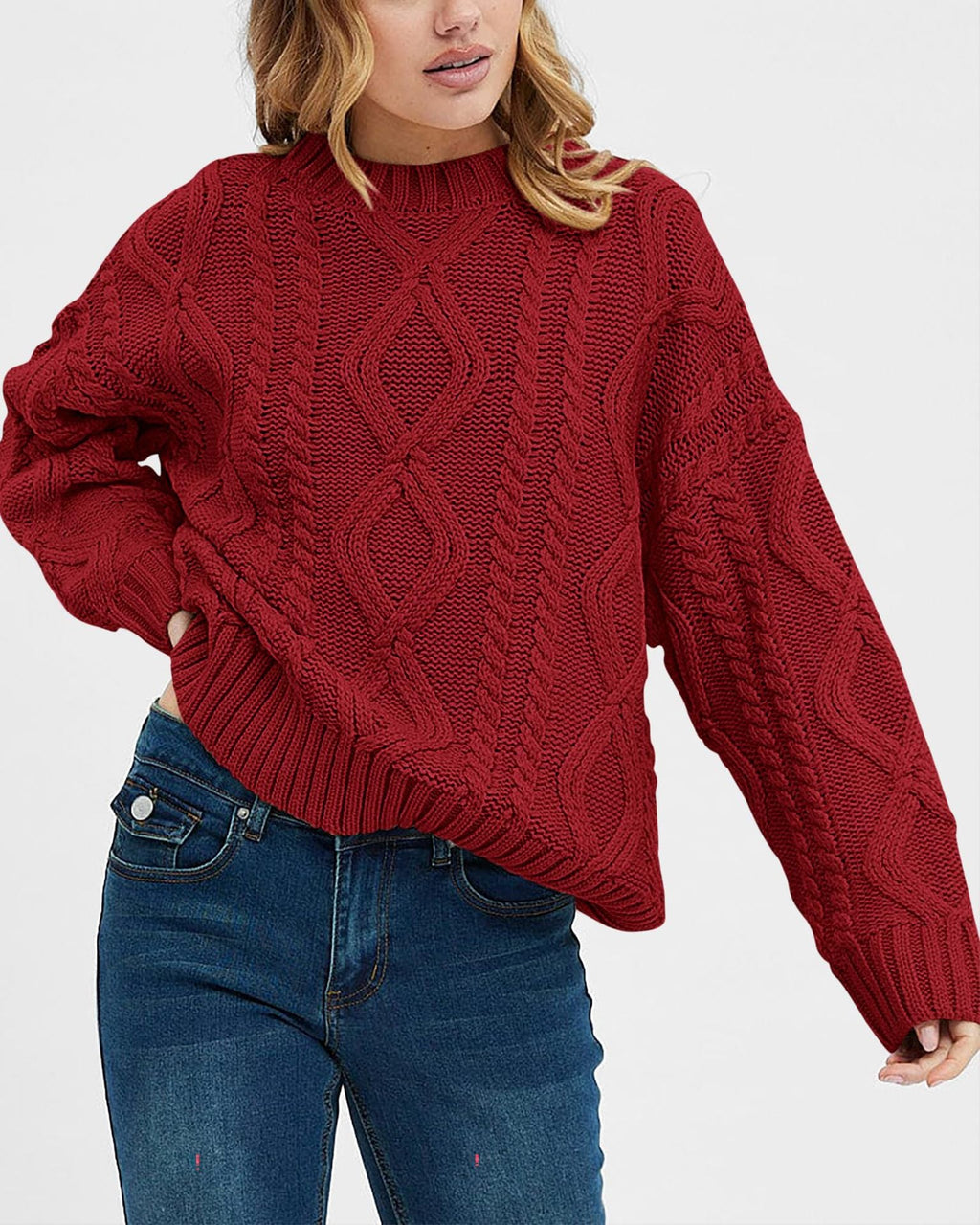 Women's Chunky Knit Sweater with Wave Pattern and Wide Cut