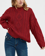 Women's Chunky Knit Sweater with Wave Pattern and Wide Cut