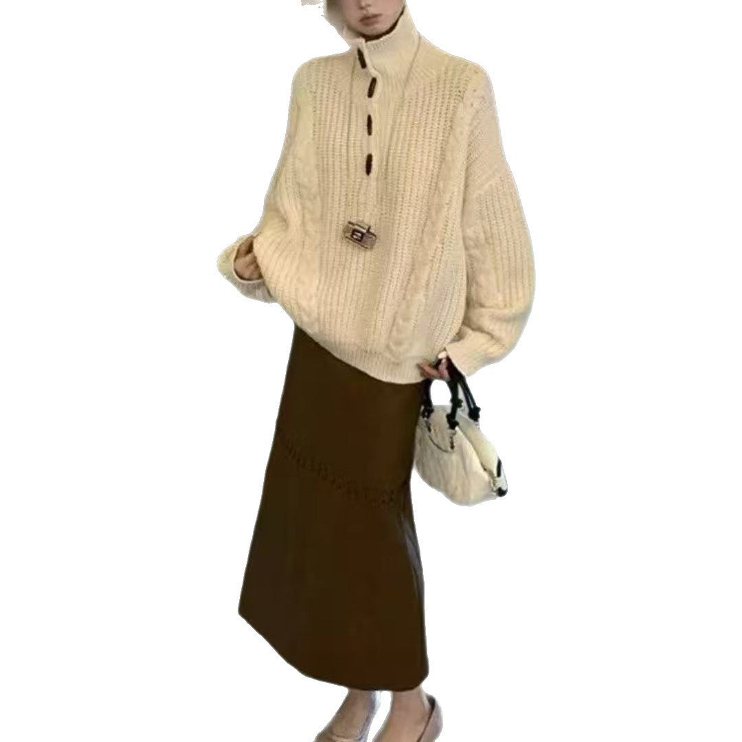 Women's Chunky Cable Knit Sweater with Button Details