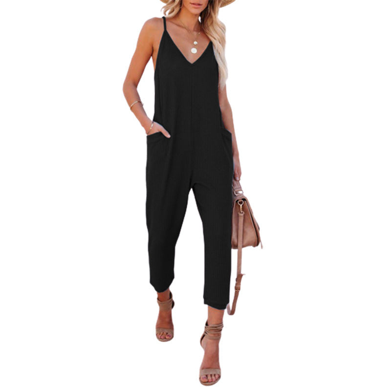 Women's Casual Jumpsuit with Deep V-Neck and Side Pockets