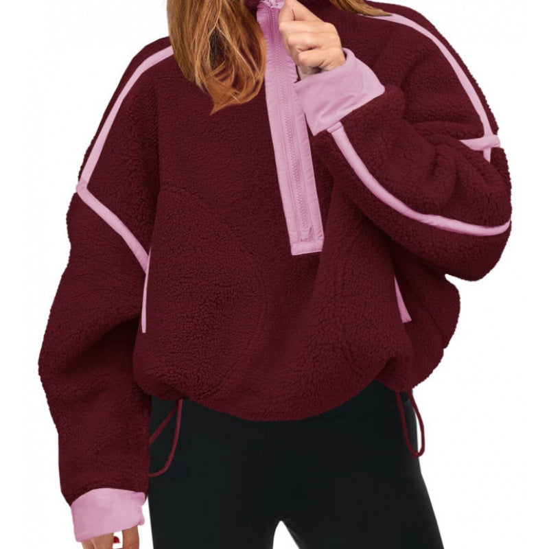 Women's Fleece Pullover with Half Zipper and Contrasting Sleeves