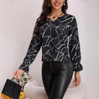 Women's Blouse with Geometric Pattern and Ruffle Details