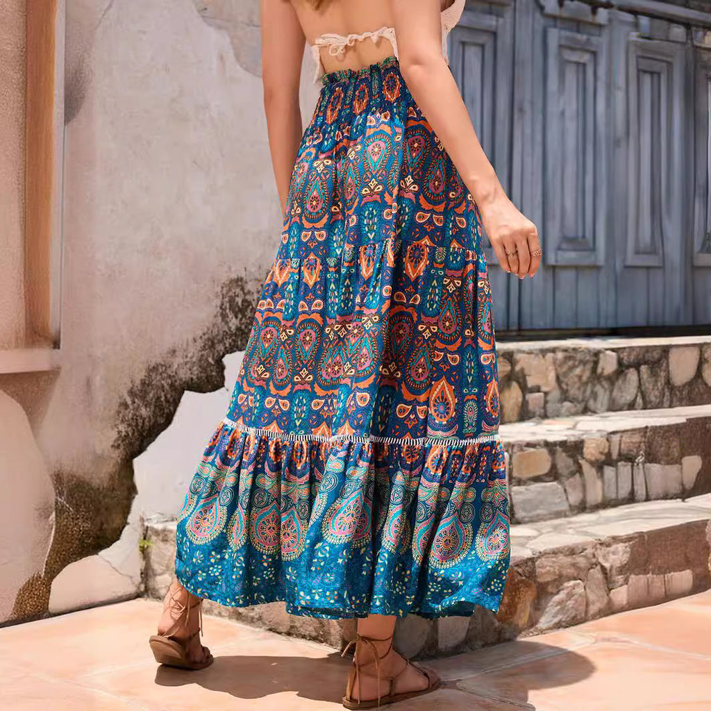 Women's Maxi Skirt with Playful Paisley Pattern and Ruffle Details