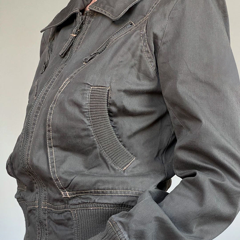 Women's Cropped Jacket with Zipper and Pockets