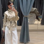 Women's Elegant Short Trench Coat with Double-Breasted Closure and Waist Belt