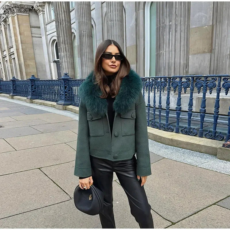 Elegant Wool Jacket with Faux Fur Collar