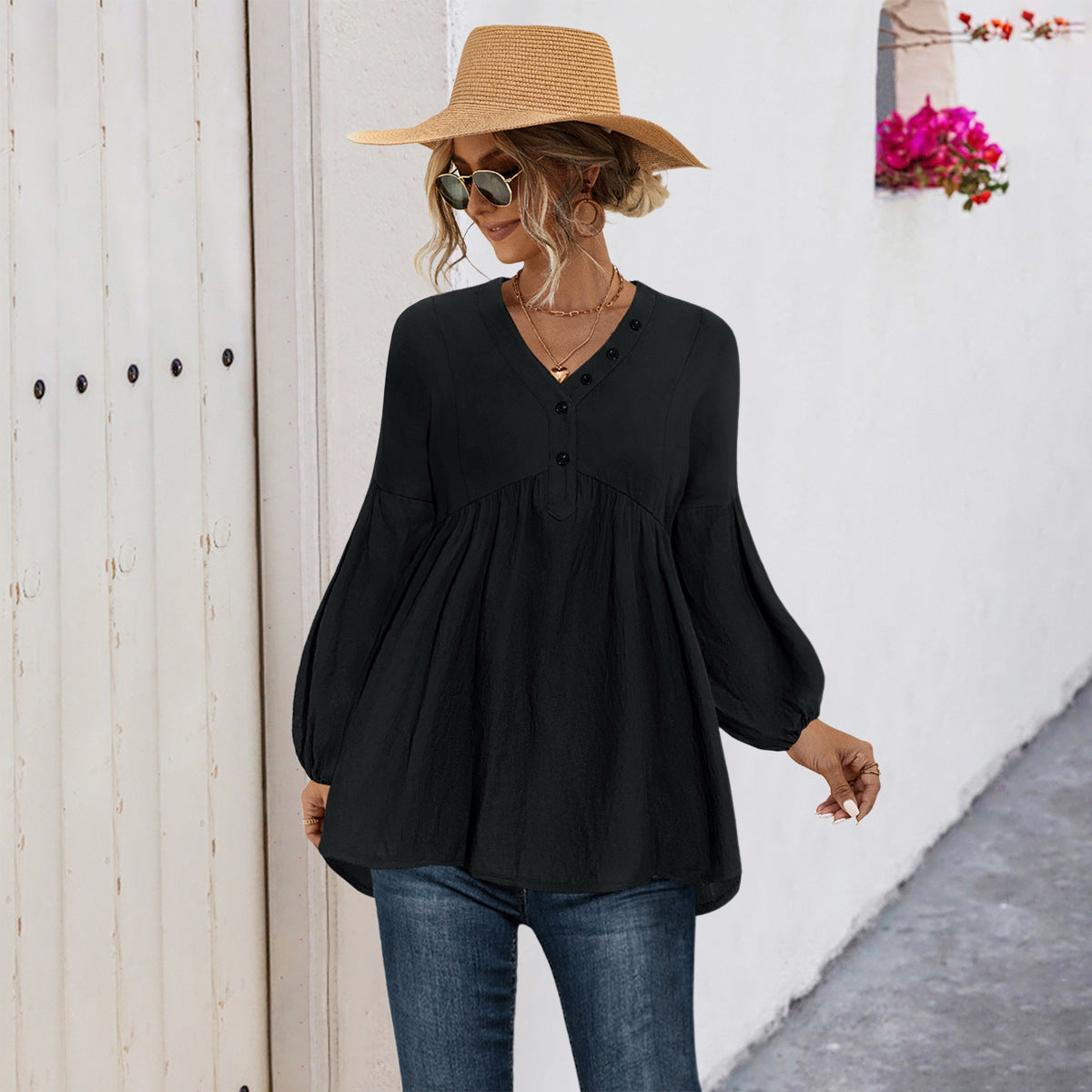 Women's Blouse Shirt with Button Details and Loose Fit