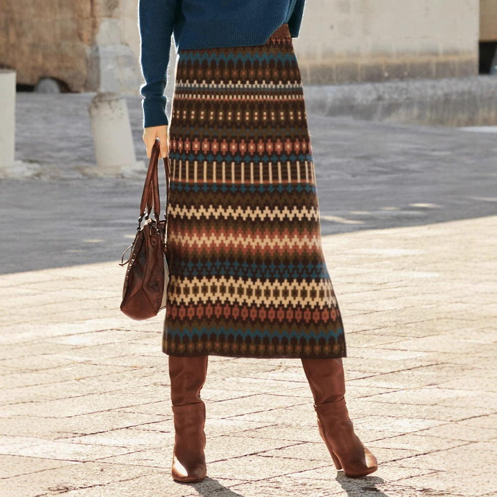 Women's Maxi Skirts with Modern Ethnic Pattern and Elastic Waistband