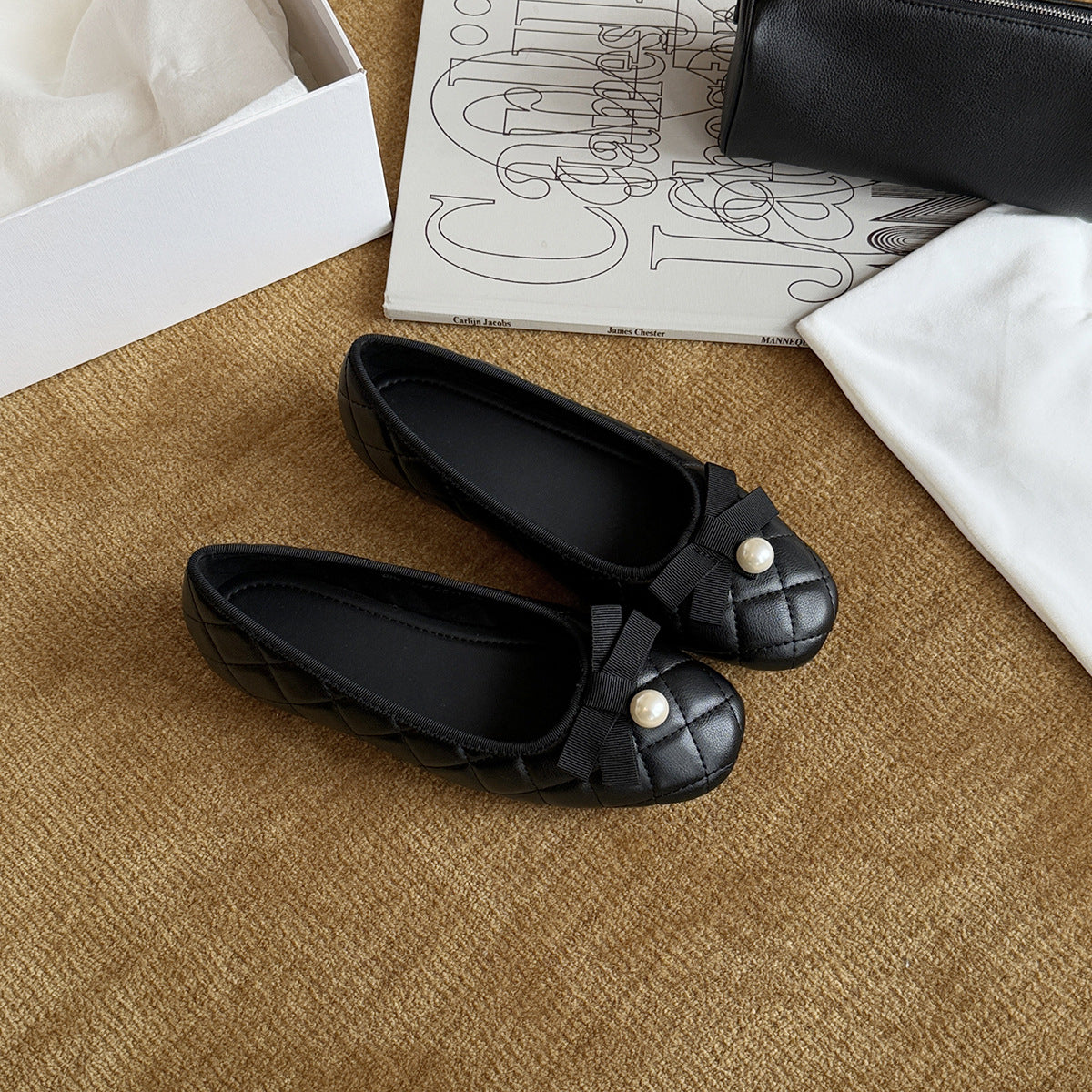 Women's Ballet Flats with Decorative Strap and Pearl Appliqué