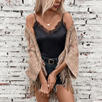 Women's Elegant Poncho with Fringe Details and Modern Plaid Pattern