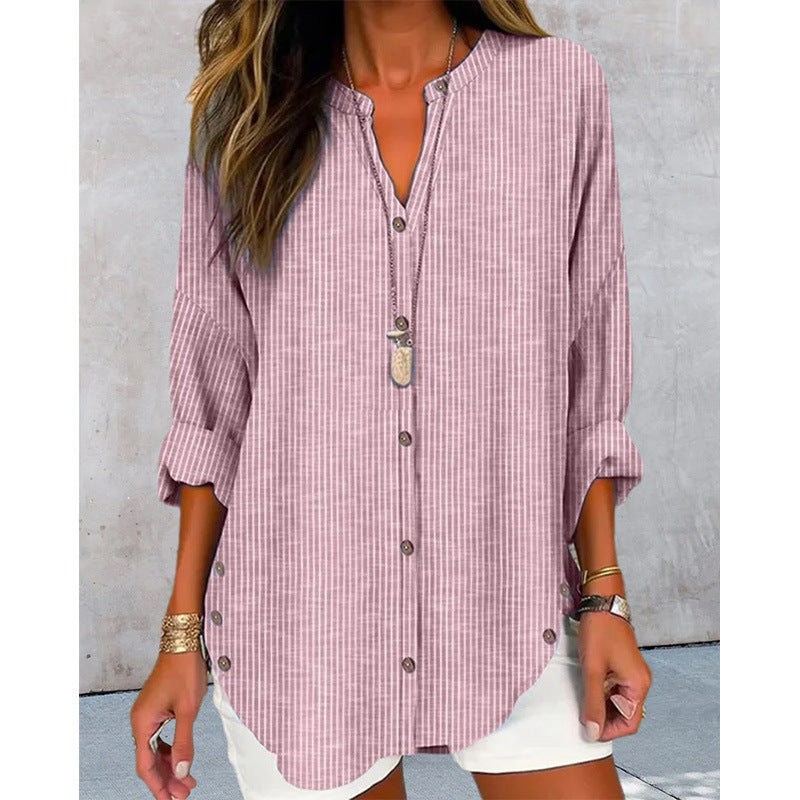 Women's Long-Sleeve Button-Front Blouse with Asymmetrical Hem