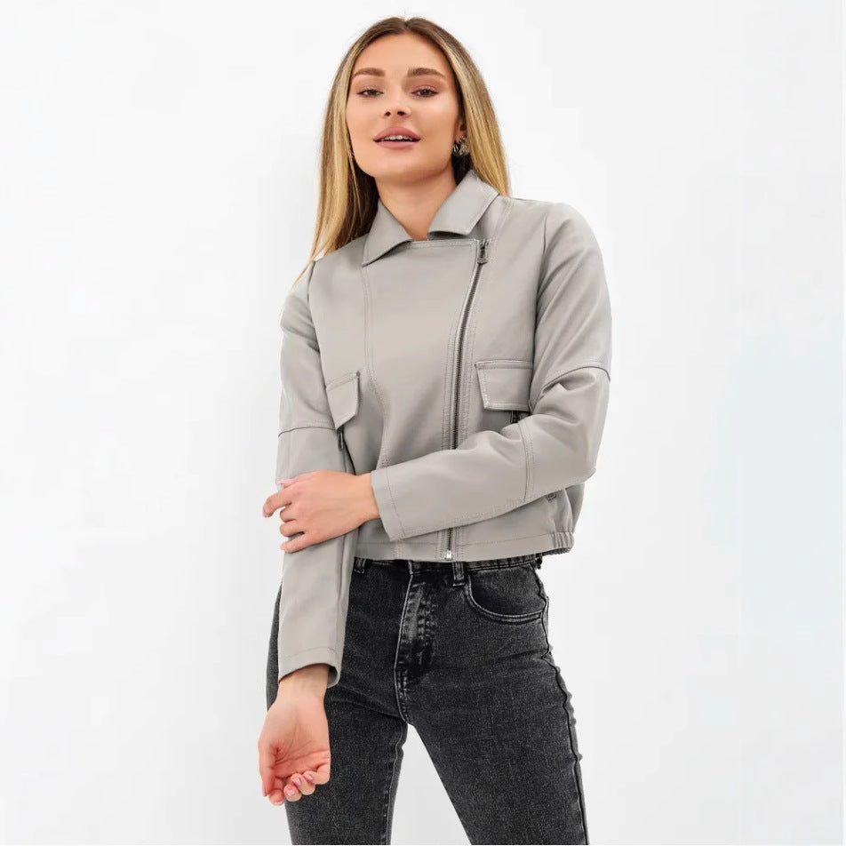 Women's Cropped Faux Leather Jacket with Practical Pockets