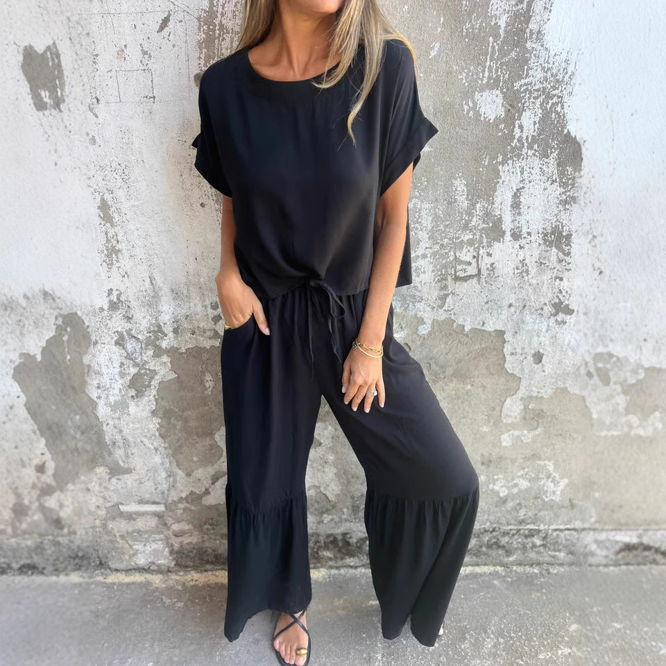 Women's Casual Two-Piece Set with Wide Top and Comfortable Pants