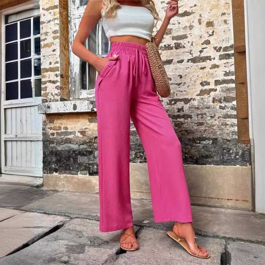 Women's Elegant Casual Trousers with Elastic Waist and Side Pockets