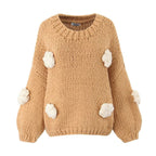 Women's Polka Dot Knit Sweater with Voluminous Sleeves and Floral Design