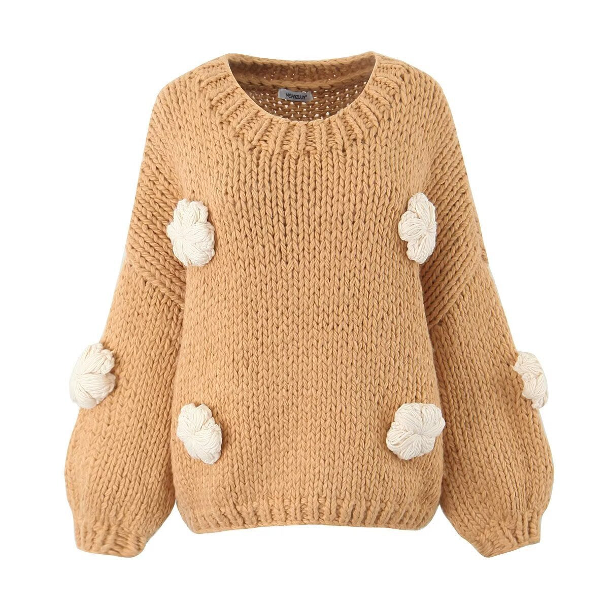 Women's Polka Dot Knit Sweater with Voluminous Sleeves and Floral Design