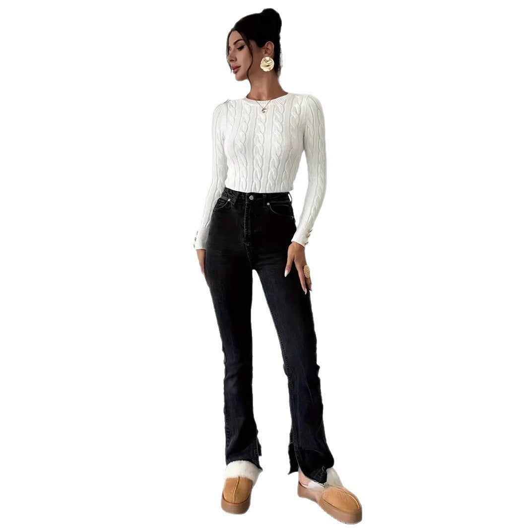 Women's Chunky Knit Sweater with Decorative Button Details