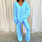 Women Comfortable Fleece Loungewear Set with V-Neck