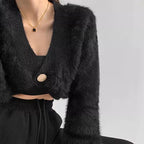 Women's Cropped Cardigan with Voluminous Sleeves and Button Detail