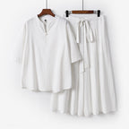 Women's Casual Linen-Viscose Lounge Set with Stand Collar Top and Wide Palazzo Pants
