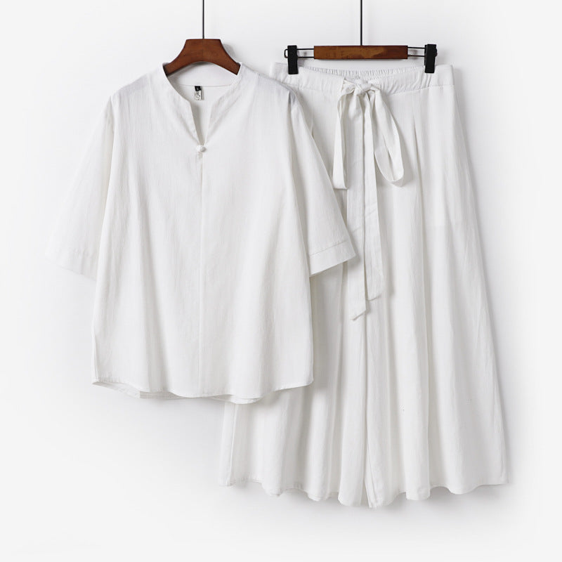 Women's Casual Linen-Viscose Lounge Set with Stand Collar Top and Wide Palazzo Pants